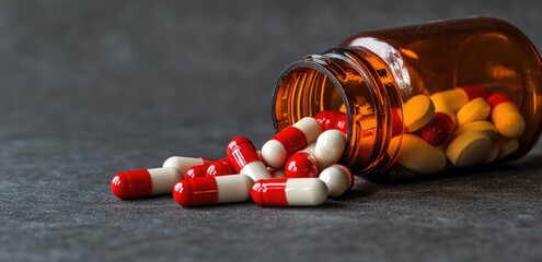 Pills spilled from brown bottle on gray surface