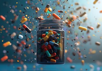 Exploding jar of colorful pills in mid-air