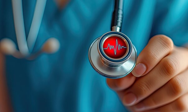 Stethoscope head shows pulse on doctor's blue scrub shirt - Powered by Adobe