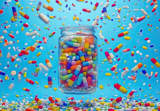 Colorful pills & capsules float around a jar - Powered by Adobe