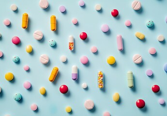 Pills, capsules, & tablets neatly arranged on a blue field
