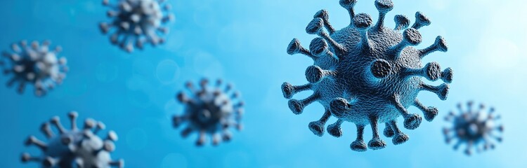 Rendered virus cells float against a blurred blue background