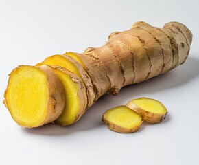 Sliced ginger root reveals vibrant yellow flesh