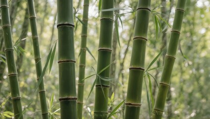 Obraz premium Lush green bamboo stalks in a sun-dappled forest setting, with leafy details