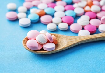 Pills in spoon, various colors, laid on light blue surface