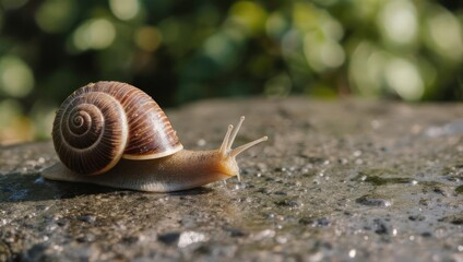Macro shot of a snail with a spiral shell slowly moving across a damp, textured surface