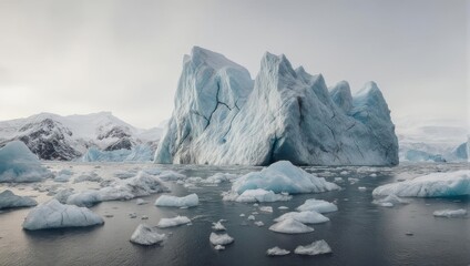 Dramatic Glacial Iceberg and Ice Floes in Cold Arctic Ocean with Snowy Mountains