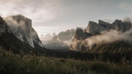 Dramatic mountain peaks shrouded in mist and clouds over a lush valley at sunrise, serene wilderness landscape