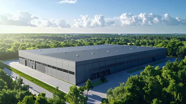 Aerial view of a modern grey industrial warehouse or logistics center surrounded by lush green forest under a sunny blue sky. Industry meets nature.