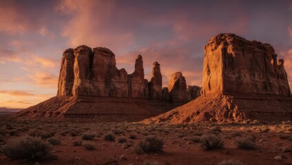Majestic sandstone buttes silhouetted against a vibrant sunset sky in a desert landscape