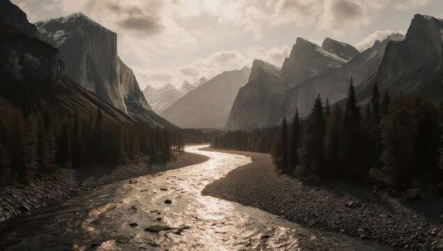 Majestic river flows through a valley surrounded by towering, snow-capped mountains under cloudy skies