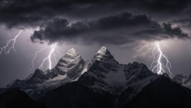 Majestic snow-capped mountains against a dark, stormy sky, lit by bolts of lightning - Powered by Adobe