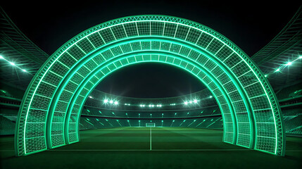 Glowing green wireframe archway over sports stadium field