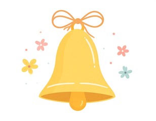 A cheerful yellow bell, adorned with a delicate ribbon and surrounded by small flowers, creates a light and airy illustration.