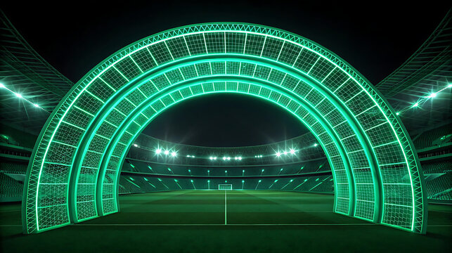 Glowing green wireframe archway over sports stadium field - Powered by Adobe