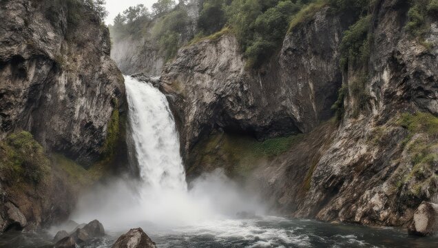 Majestic Waterfall in Rugged Landscape with Misty Pool and Rocky Cliffs