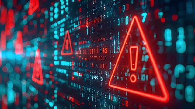 Digital background with glowing binary data, numbers, and red warning signs. Visualizes cybersecurity threats, data breaches, system errors, and critical alerts.