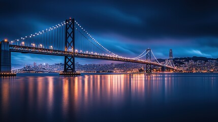 Obraz premium Urban Cross-Sea Suspension Bridge Night Scene: Dazzling Lights and Water Reflections Intertwined in Modern Engineering Marvel for Infrastructure Promotion, Tourism Campaigns and Cityscape Design