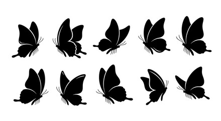 Set of butterfly silhouettes isolated on white background