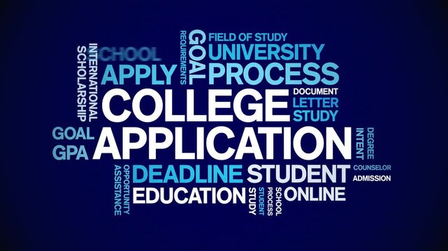 College Application animated word cloud-text design animation tag kinetic typography seamless loop.