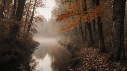 Misty autumn river in a tranquil forest, showcasing vibrant fall foliage and atmospheric fog.