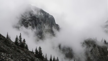 Cloud-covered mountain landscape with rugged peaks and dark pine trees in dense fog