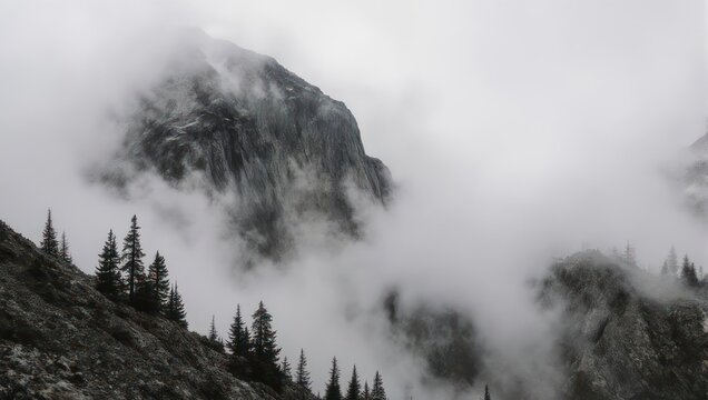 Cloud-covered mountain landscape with rugged peaks and dark pine trees in dense fog - Powered by Adobe