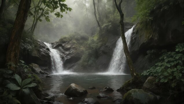 Serene Twin Waterfalls in Misty Tropical Rainforest with Lush Greenery - Powered by Adobe