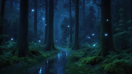 Enchanted Dark Forest with Glowing Blue Orbs & Moss. Magical woodland path at night, ethereal fantasy nature scene.