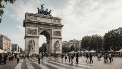 Obraz premium Grand Triumphal Arch with Quadriga Sculpture in European City Square, Bustling with Pedestrians and Historic Architecture