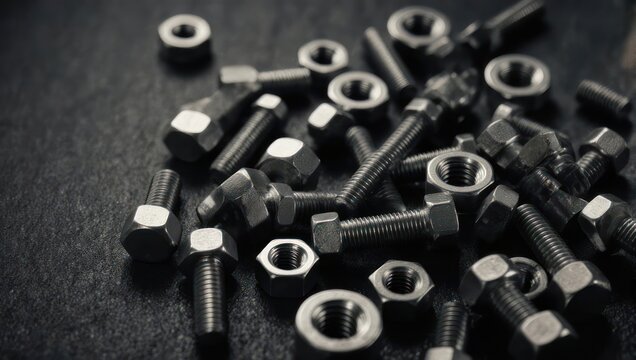 Assortment of metal bolts and nuts on a dark textured background, industrial hardware components - Powered by Adobe