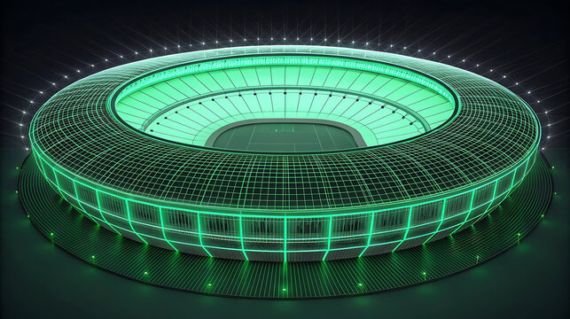 Glowing green wireframe stadium with stadium lights