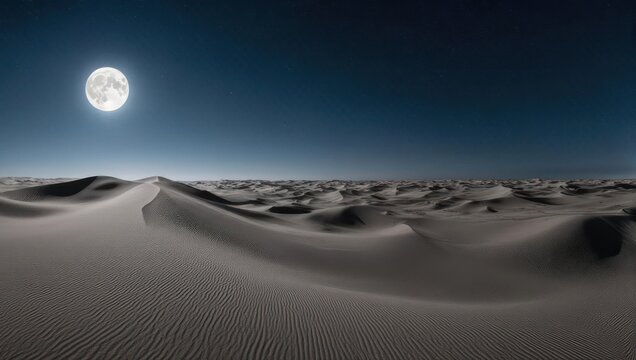 Luminous Full Moon over Vast Desert Dunes at Night