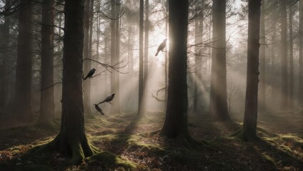 Mystical forest scene with sunlight piercing through trees, featuring crows in the air