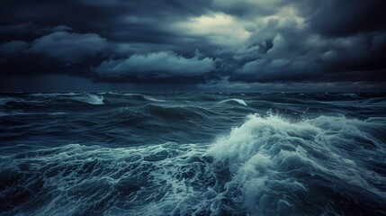 Fototapeta premium Dark dramatic sea waves under heavy storm clouds, cinematic moody ocean background.