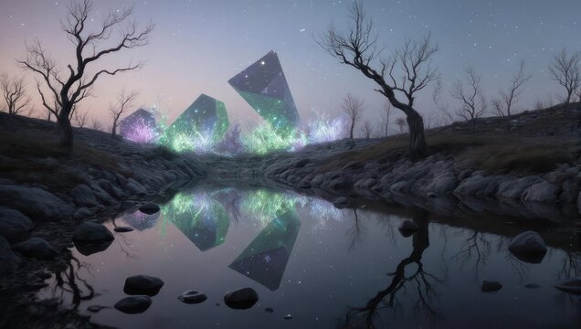 Mystical landscape geometric forms glow near water, trees silhouetted against starlit sky