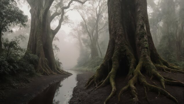Misty forest path with ancient trees and prominent roots, creating a mysterious and ethereal atmosphere in a dense woodland. - Powered by Adobe