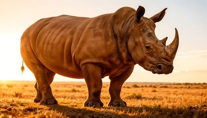 Fototapeta premium Rhino Standing in Golden Grass at Sunset, Wildlife Animal