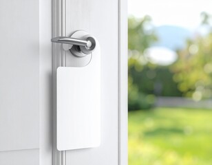 Blank door hanger hanging on a white door with blurred outdoor view
