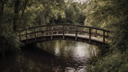 Old wooden bridge arches gracefully over calm water, surrounded by lush greenery