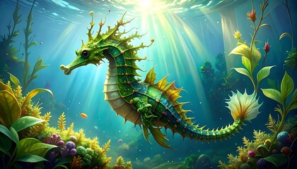 A vibrant underwater scene showcases a fantastical seahorse with intricate details and vibrant colors, bathed in sunlight filtering through the water.