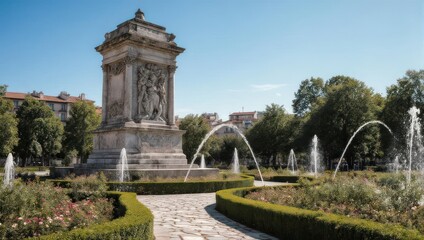 Obraz premium Ornate stone monument amidst park greenery, with fountains and a pathway on a sunny day