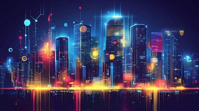 vibrant digital illustration of futuristic city at night with neon lights glowing structures for advanced technology innovation modern urban creative imagination concept