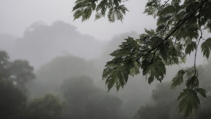Overcast landscape with tree branches in the foreground and dense, misty foliage in the distance