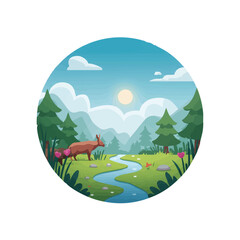 Enchanting Forest Landscape with a Fox by a Winding Stream.