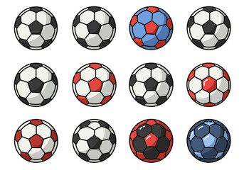 Assorted soccer balls on white background, vector illustration, sports equipment