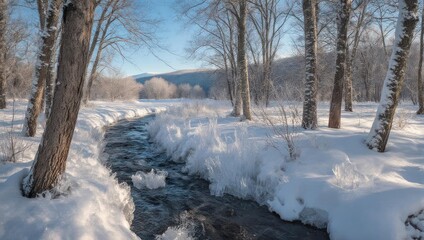 Fototapeta premium A serene winter scene with a flowing stream and frost-covered trees. Sunlight bathes the landscape