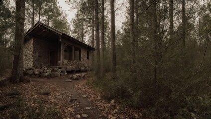 A stone cabin nestled in a forest, path leading towards the entrance, trees surrounding