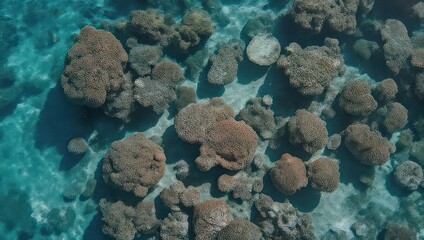 Overhead shot showcasing underwater formations, surrounded by clear turquoise water