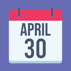 30 April Calendar. Blue Background. Isolated Vector Calendar.